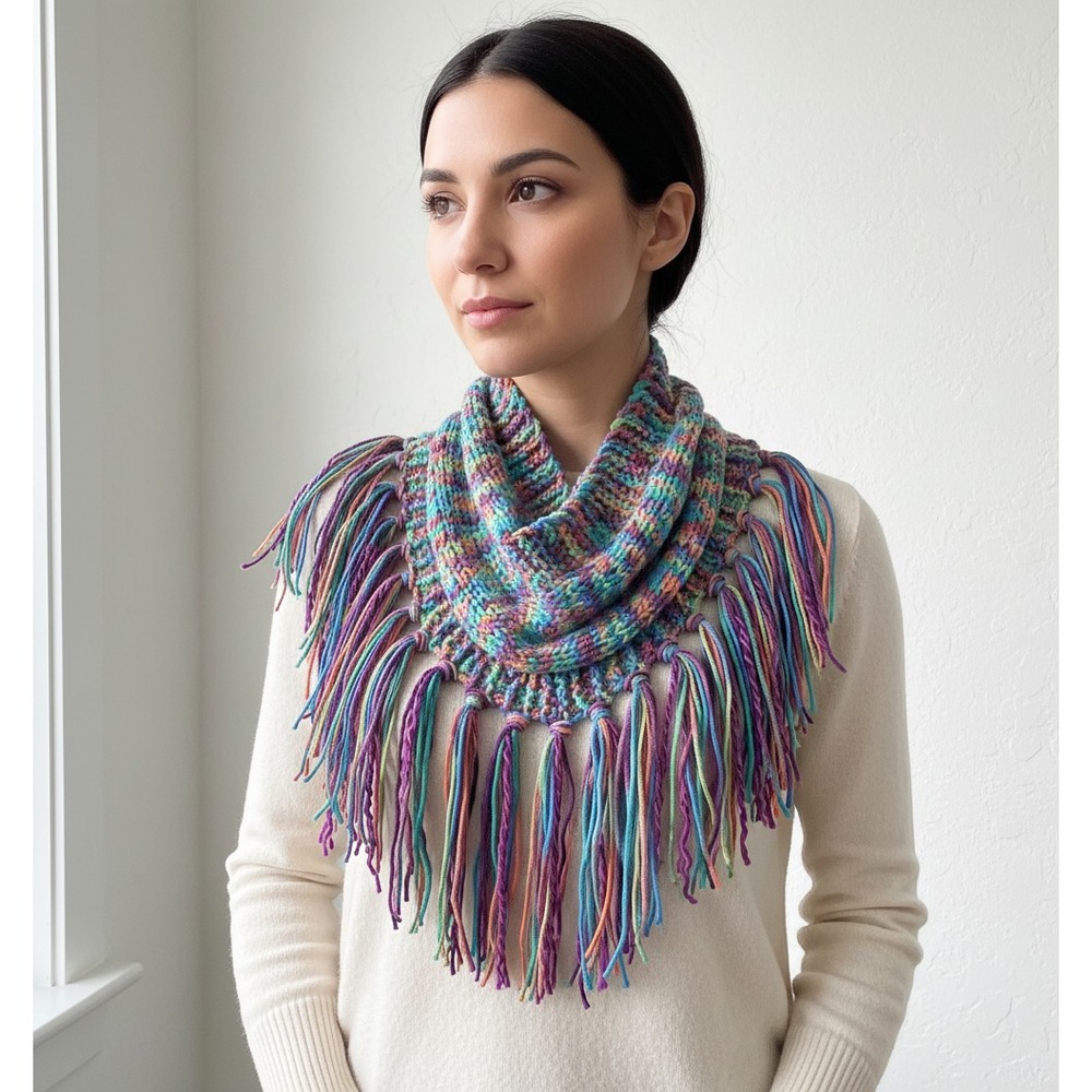 NEW Hand Knitted Cowl Scarf Multicolor Boho Fringe Festival Statement Whimsy